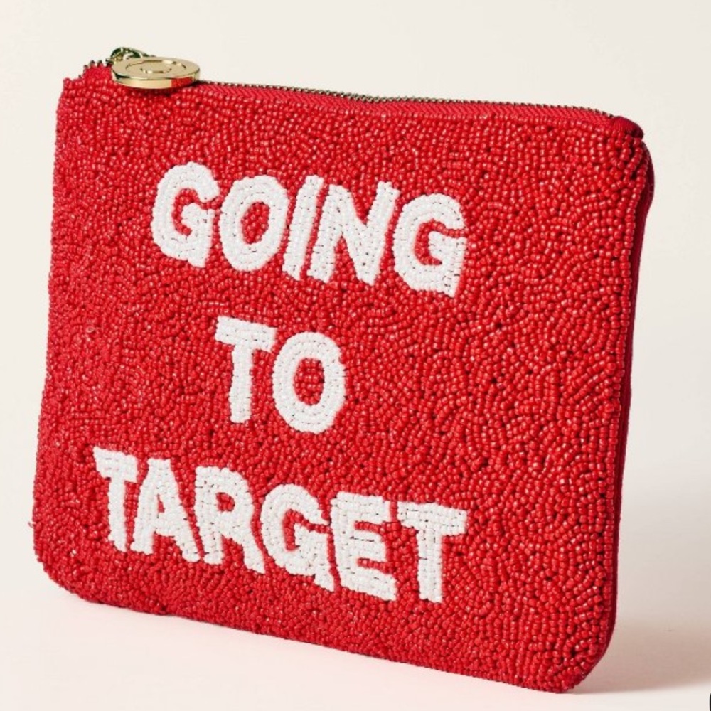 Red Beaded Clutch with White Text